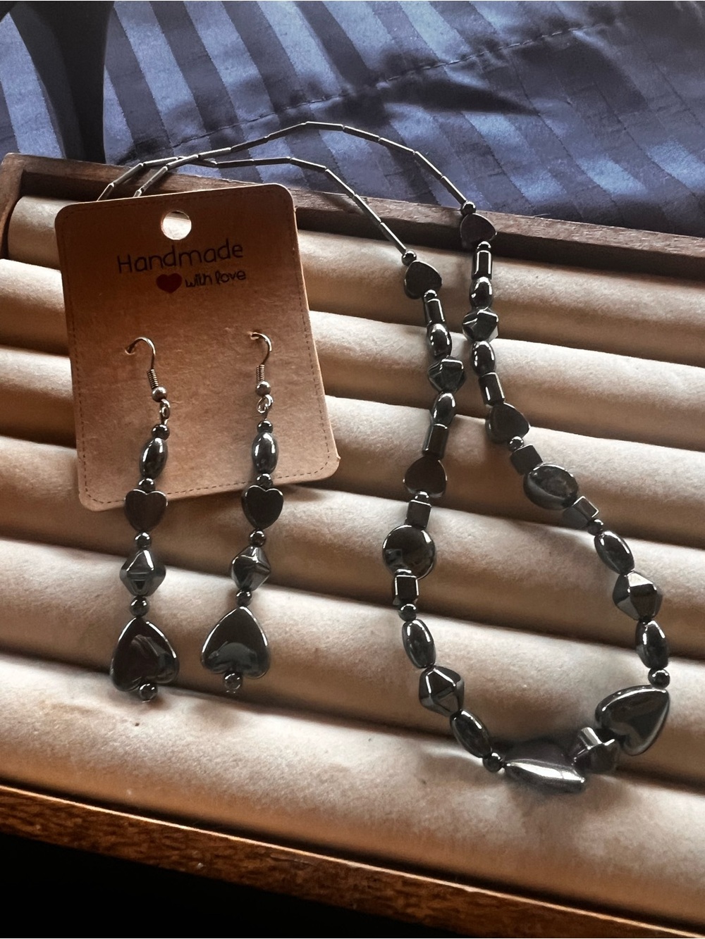 Handmade Hematite Heart Necklace & Earrings Set - Dark Metallic Gray